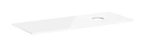 Weiße Konsolplatte mit Ausschnitt auf der rechten Seite, geeignet für einen Aufsatzwaschtisch. Design von Hansgrohe, Hochglanz-Finish.